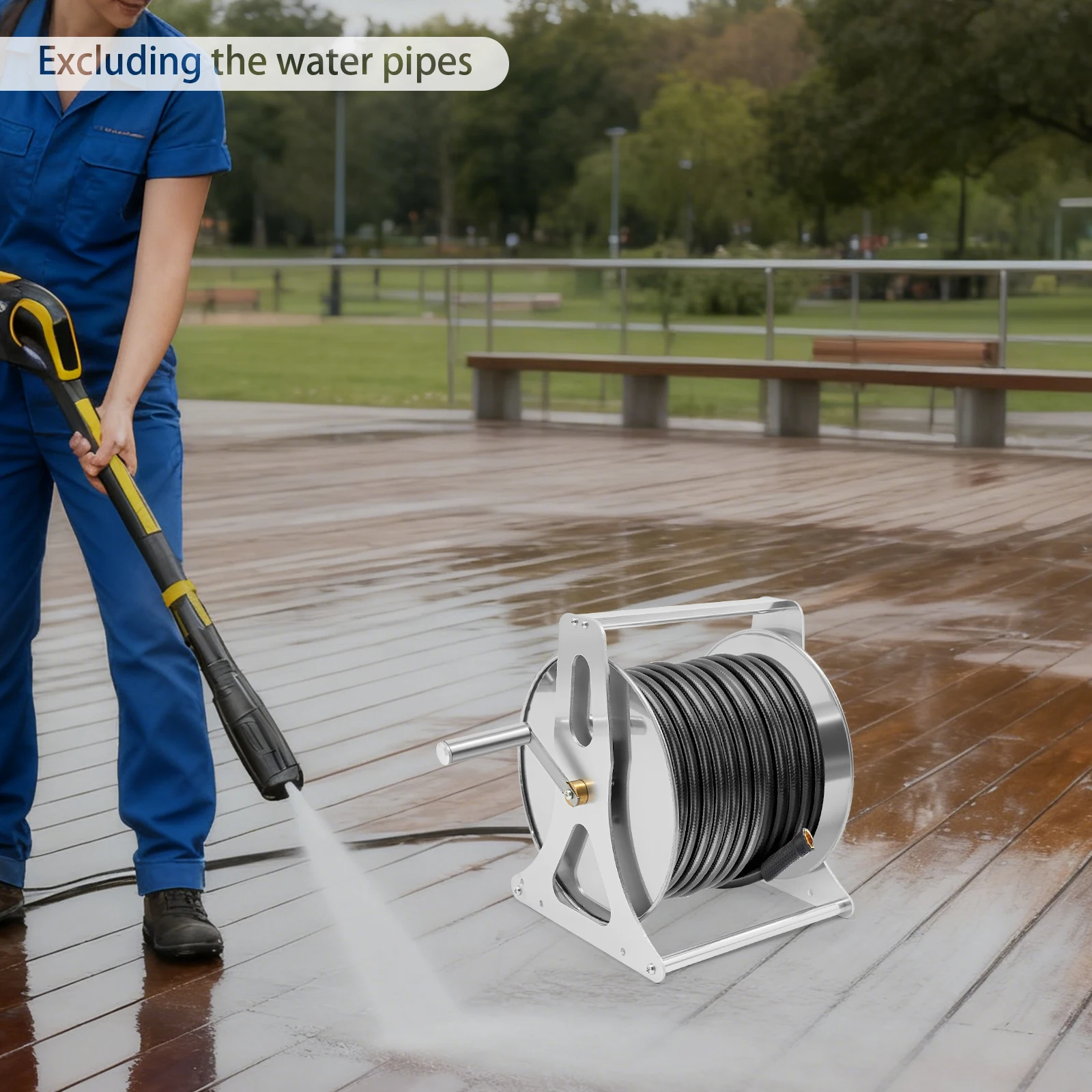 

Stainless Hose Reel, Medium Size 30x28x36cm Outdoor Garden Hose Reel with Stable Tripod Base, Heavy Duty 44LBS Capacity
