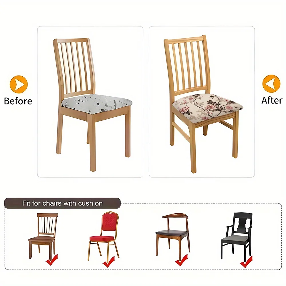 2/4/6pcs Chair Seat Slipcover, Elegant Ink Wash Peony Branch Pattern Chair Protector for Dining Room