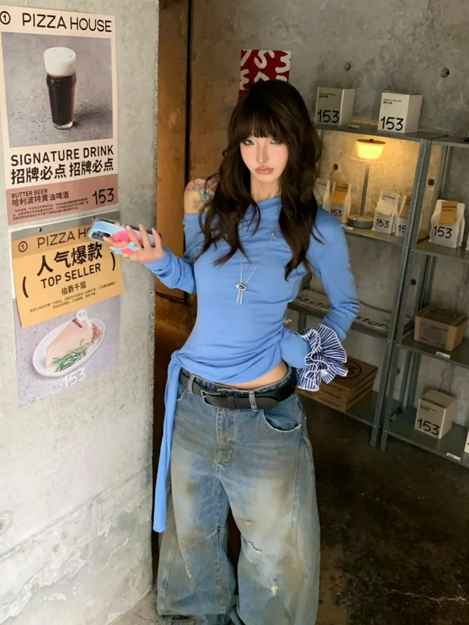 

Женский топ с открытыми плечами и длинными рукавами Y2K 202, облегающая рубашка с рюшами и манжетами по бокам, острая уличная одежда на весну и осень