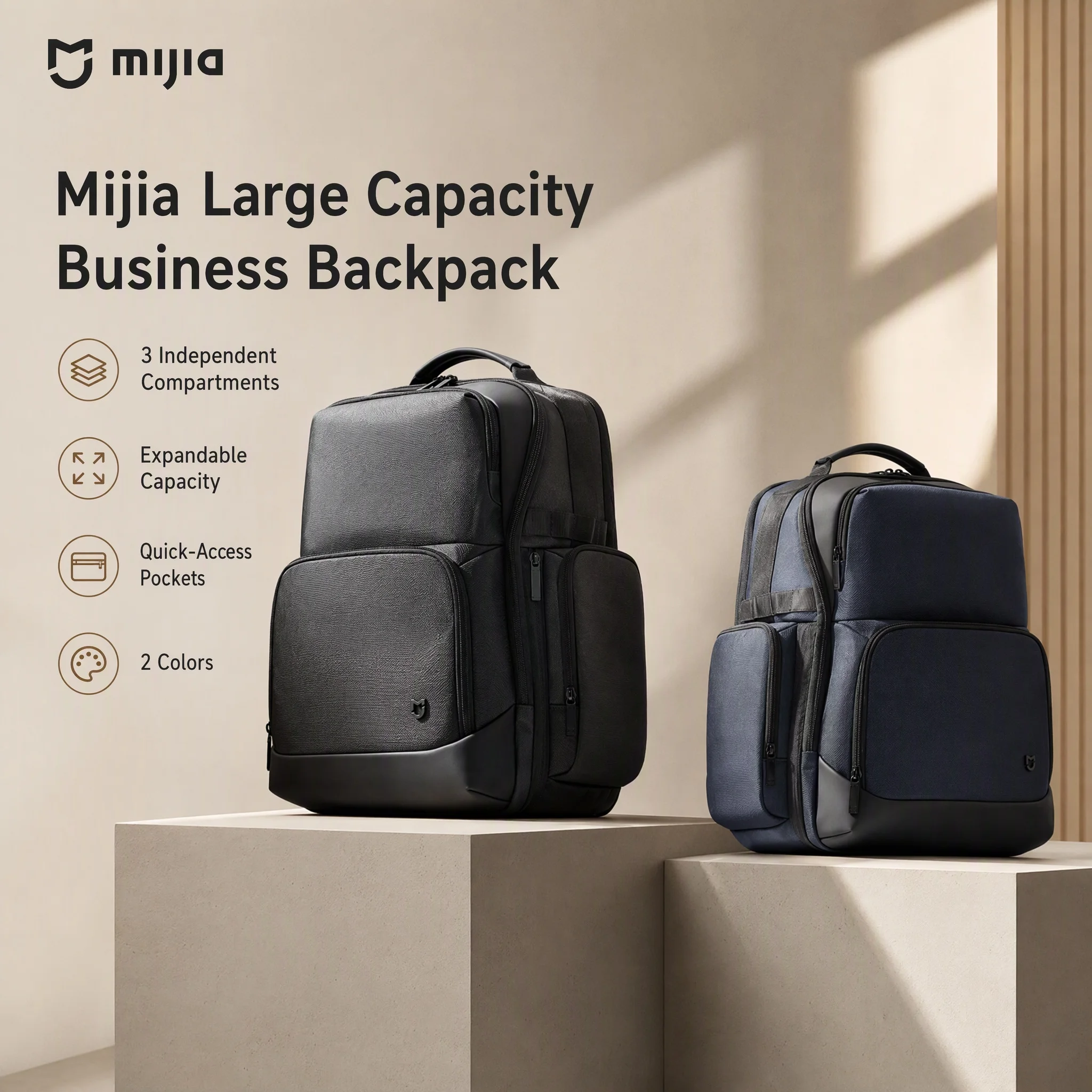 Mijia Large Capacity Business Backpack 3 Compartments Expandable Laptop Bag Men Travel Rucksack Quick Access Multi Pocket Office