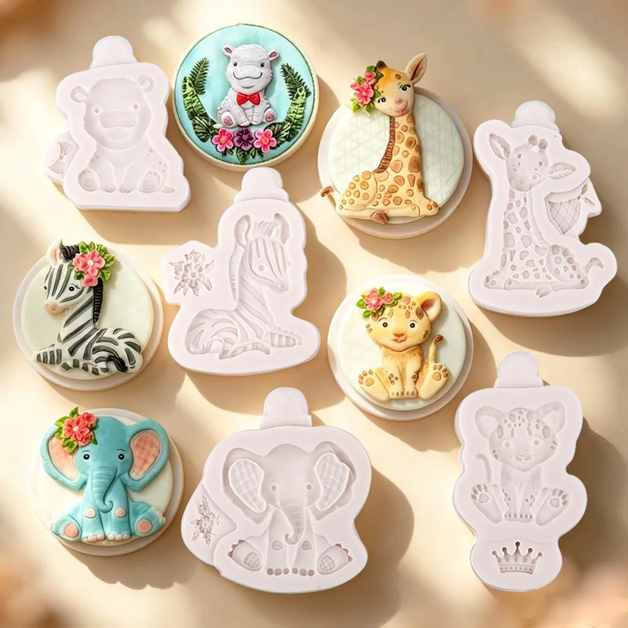 Forest Animal Silicone Mold, Giraffe Elephant Zebra Tiger Hippo Fondant Chocolate Cake Decorating Baking Mould