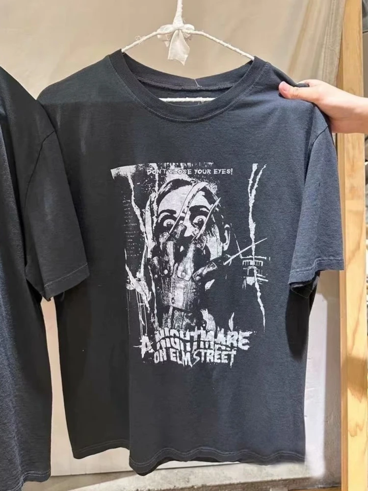 Casual Women Black Graphic T shirts 2023 Summer Vintage O Neck Short Sleeves Horror Element Printed Tees Female Loose Tops