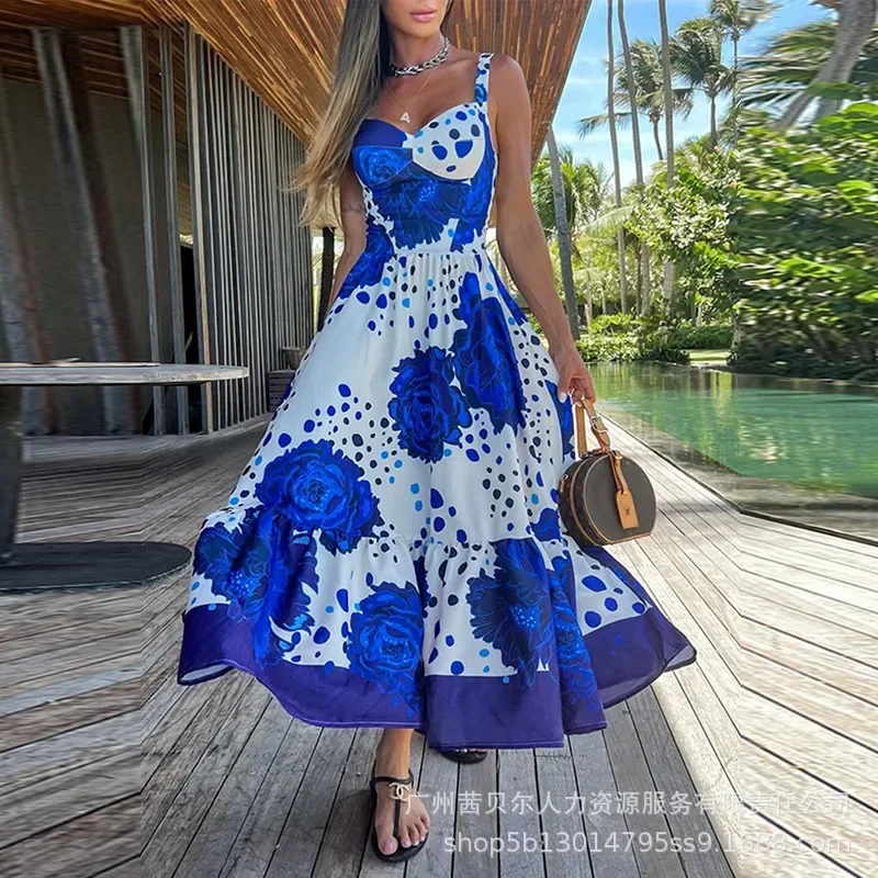 Robe Maxi sans manches à imprimé Floral pour femmes, longue, bleue, col en V, taille haute, ample, Sexy, mode, été