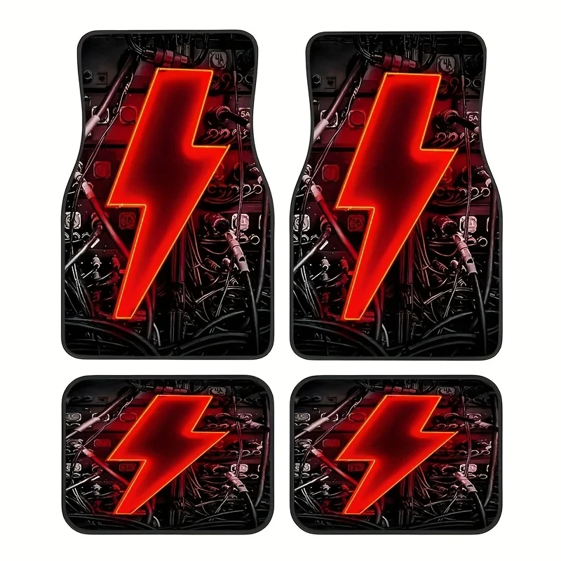 4pcs Lightning Bolt Car Floor Mats - Red & Lightning Bolt Design, Durable Synthetic Material, Easy To Clean, Pet-Friendly, Fit F
