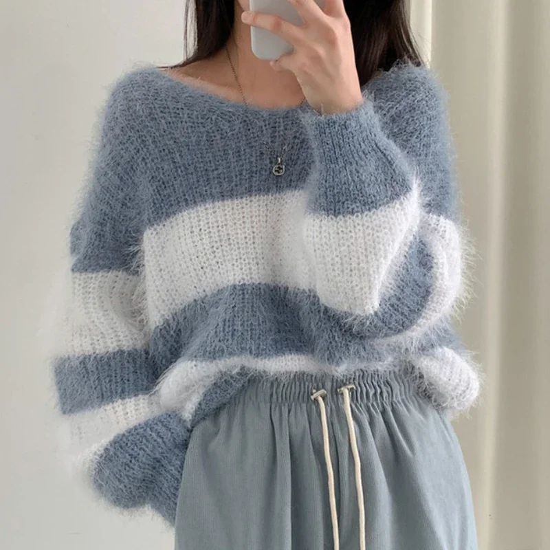 EVNISI Autumn Winter Women Striped Patchwork Sweater O-Neck Long Sleeve Mohair Elegant Pullovers Warm Loose Sweater Jumpers 2024