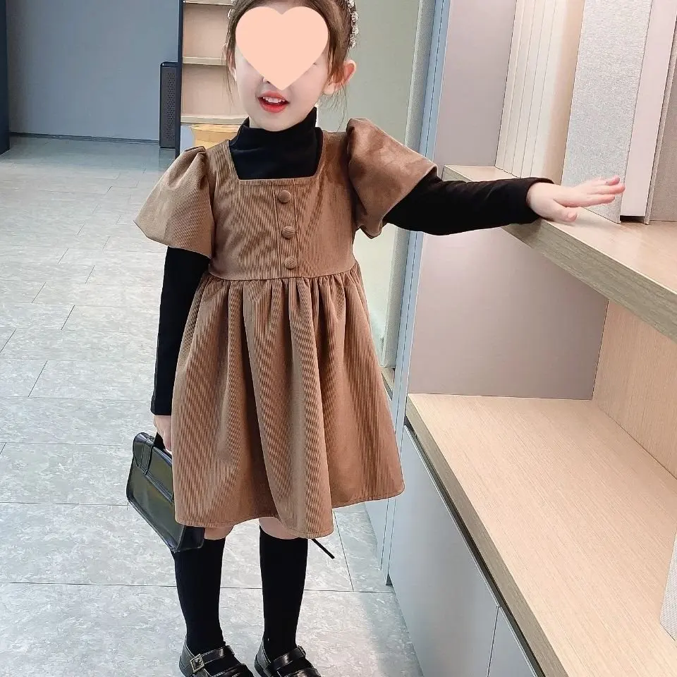 

Вельветовое платье для маленьких девочек, осеннее платье, платья-комбинезоны с коротким рукавом для маленьких девочек, весенняя одежда желтого цвета с пышными рукавами