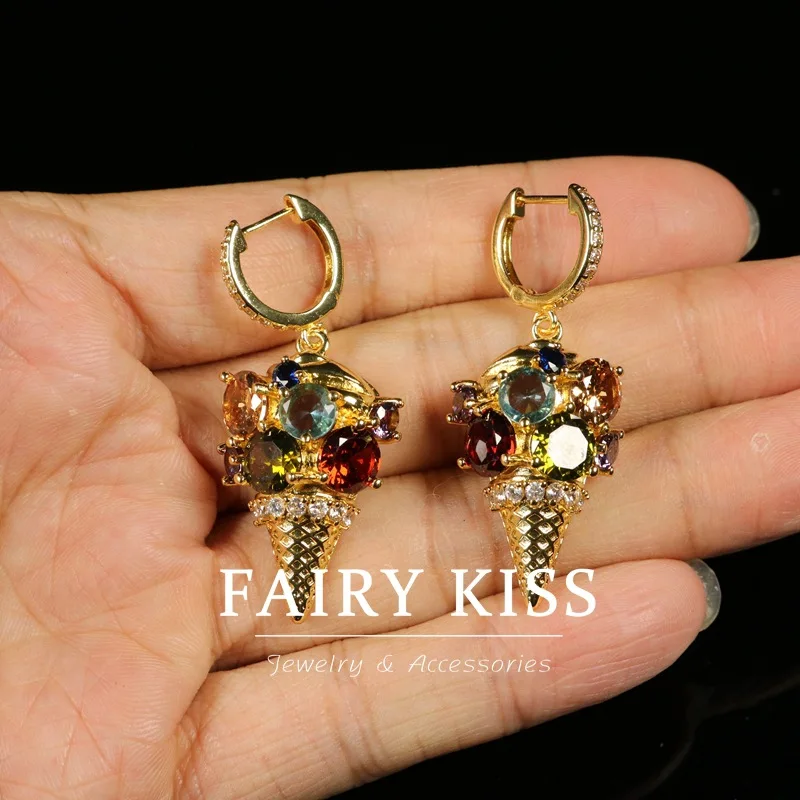 Medieval fashion earrings colored diamonds metal  versatile  style ice cream design earrings