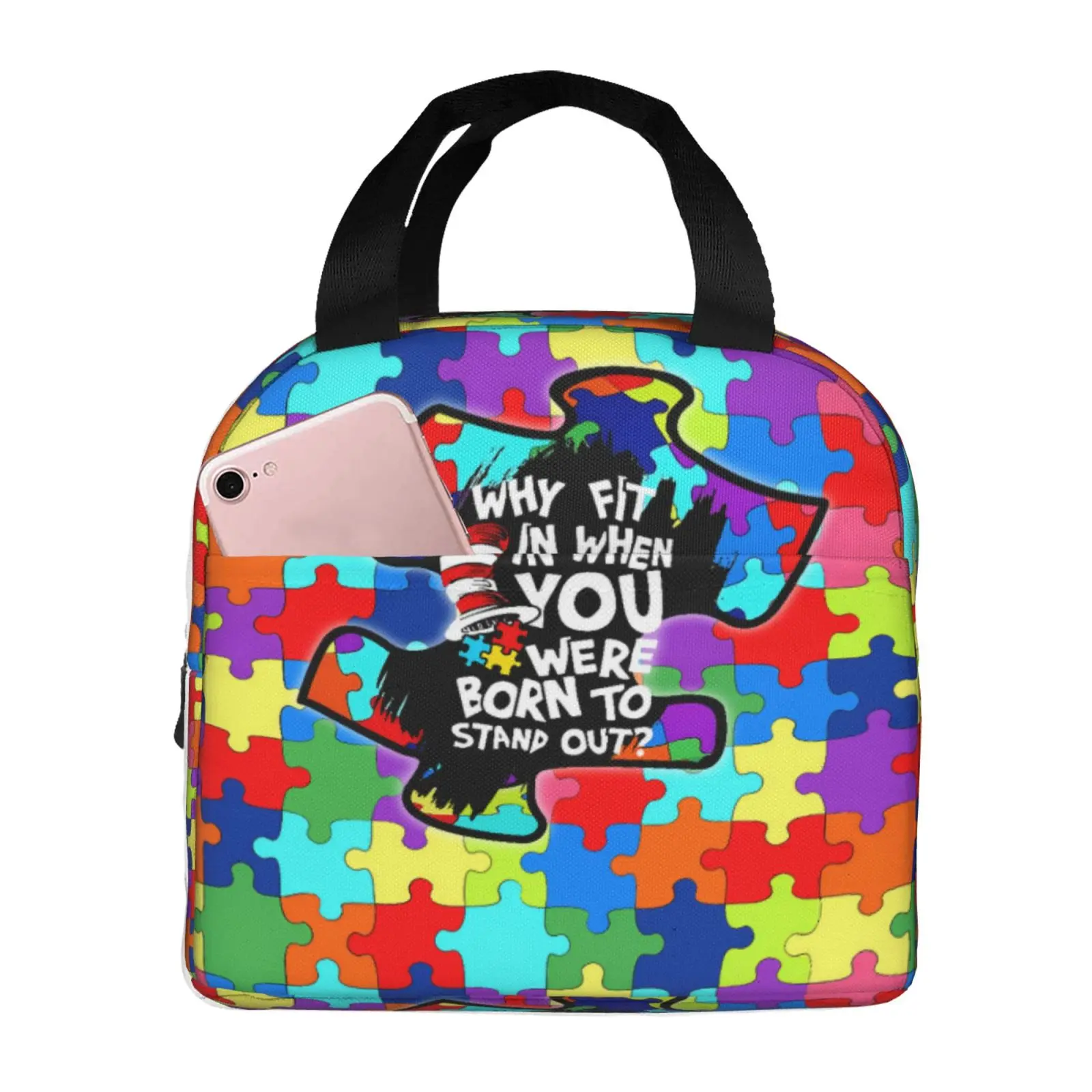 Autism Puzzle Pattern Insulated Lunch Bag The Nightmare Before Christmas Portable Thermal Cooler Lunch Box Container Tote Bags