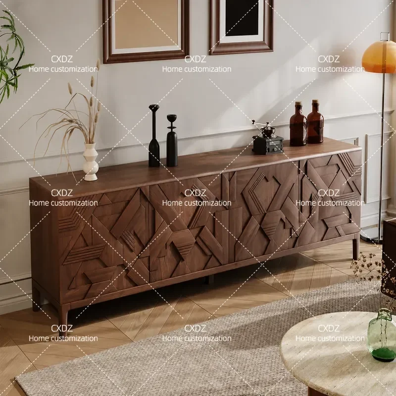 Retro Carved Walnut Integrated Wall Cabinet Solid Wood Living Room Locker Dining Sideboard Storage Unit for Home Decor