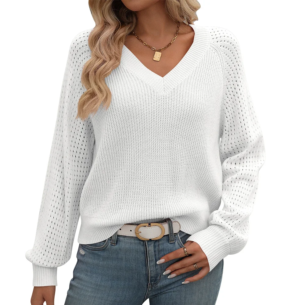 Women\'s Long Sleeve Tops 2024 Spring Autumn New Female Knitted Pullovers Hollow V-neck Sweater For Women Casual Knitwears Tops