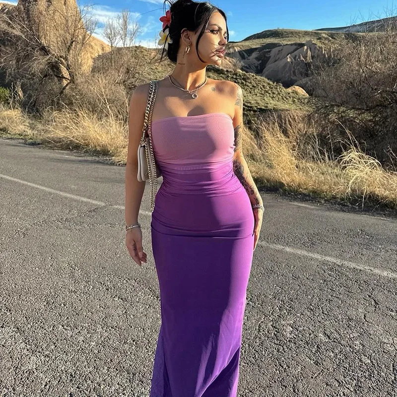 Women Dresses 2026 summer slim sexy off-the-shoulder gradient color mid-length one-step dress women's clothing vestidoes