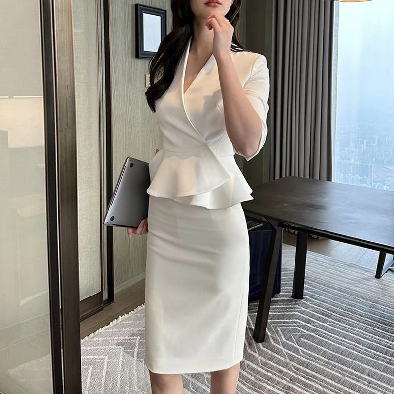 Summer Skirt Set Slim Blazer And Pencil Mini Skirts Women Career White Blazers Coats Office Lady Femme Two Piece Set