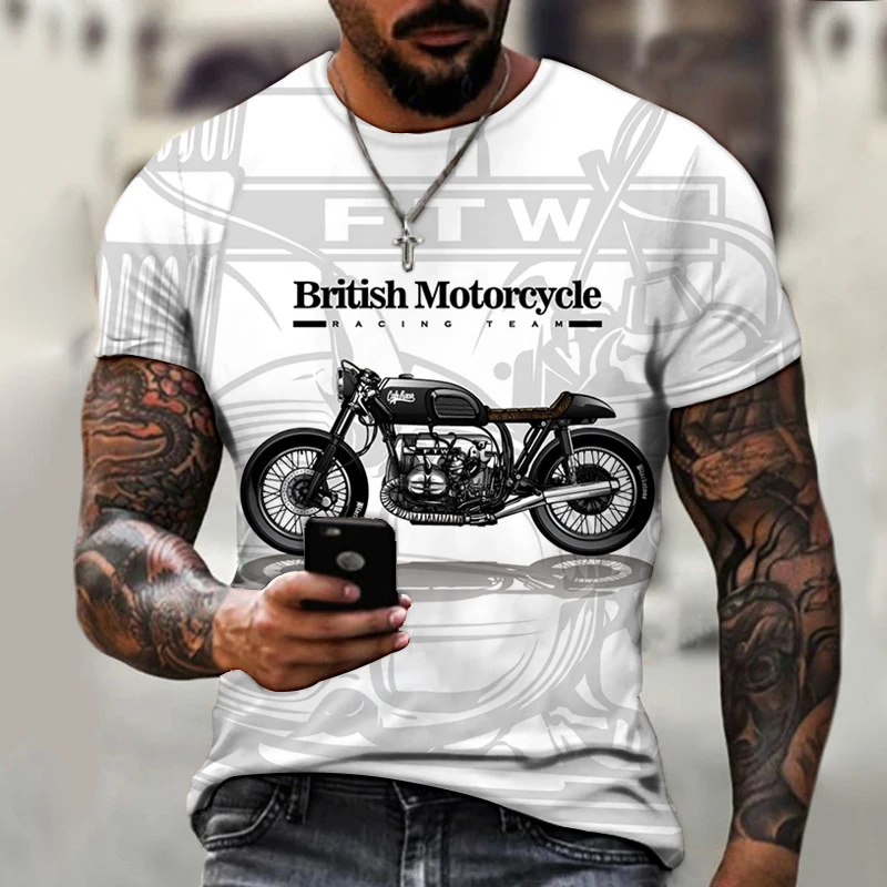 Summer Men\'s T-shirt 3D Retro Motorcycle Print T-shirt Men\'s Clothing Racing Pattern Men Short Sleeve Top Street Clothing