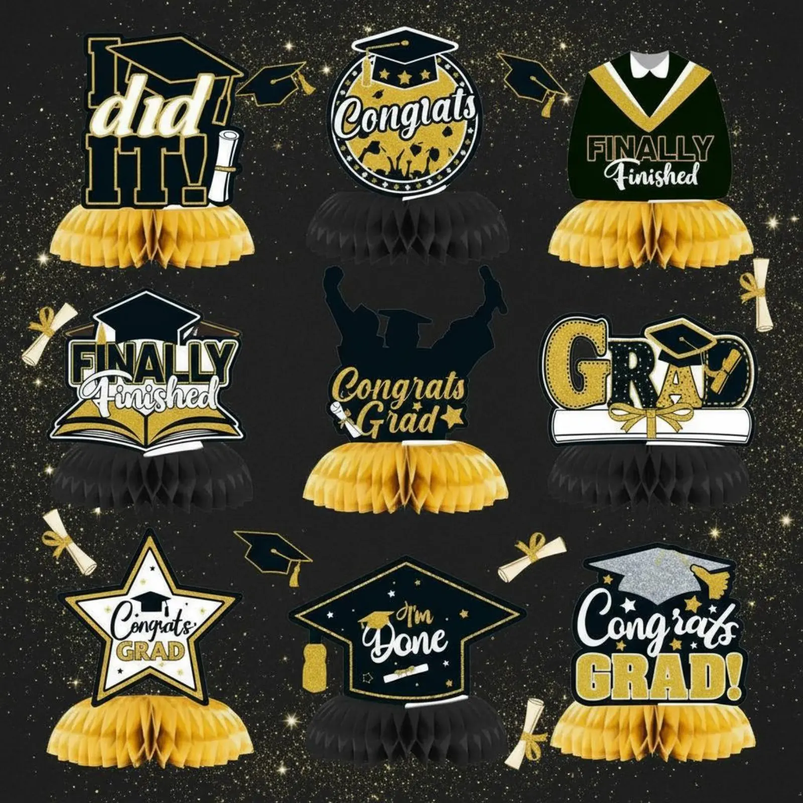 

9 Pieces Commencement Hexagonal Centerpiece Glitter Highlights Commencement Party Table Decoration Easy to Assemble for Students