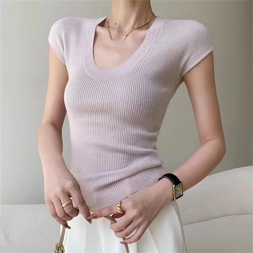 Frauen Oansatz Kurzarm Schlank Sexy T-shirts Stricken Rosa Süße Pullover Tees Casual Tops Für Frauen 2025, Frühling Sommer Dünne Pullover