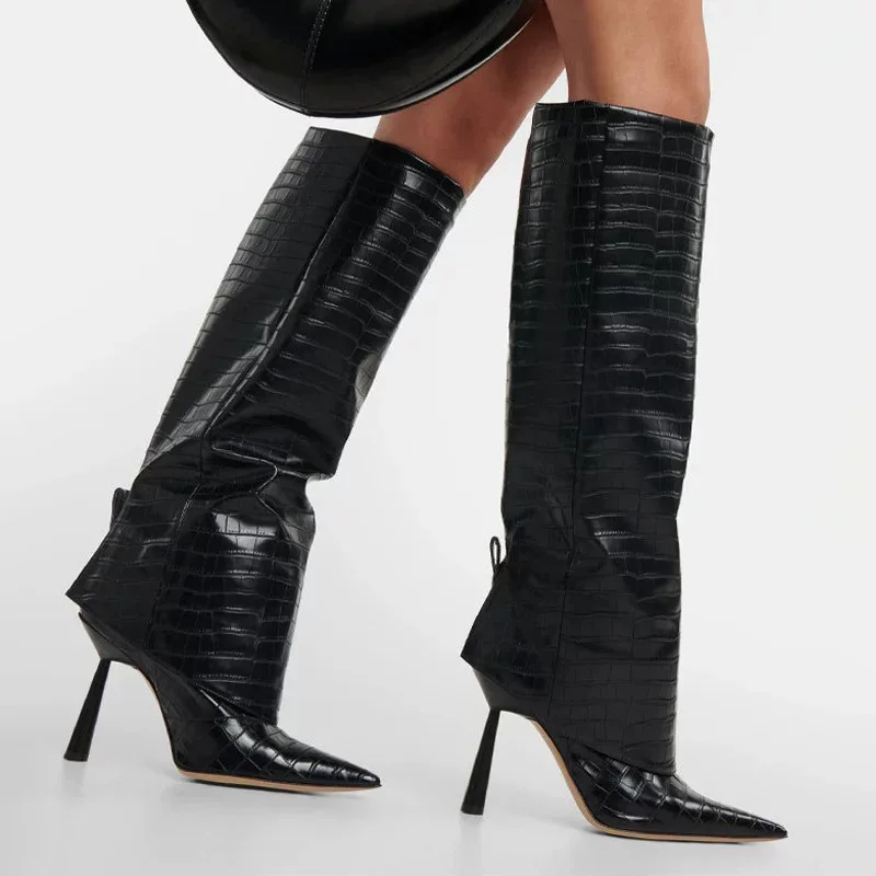 Star Style Fashion Patent Leather Loose Tube Pants Knee-high Boot Autumn Winter Elegant Thin High heels Chelsea Long Boots Shoes