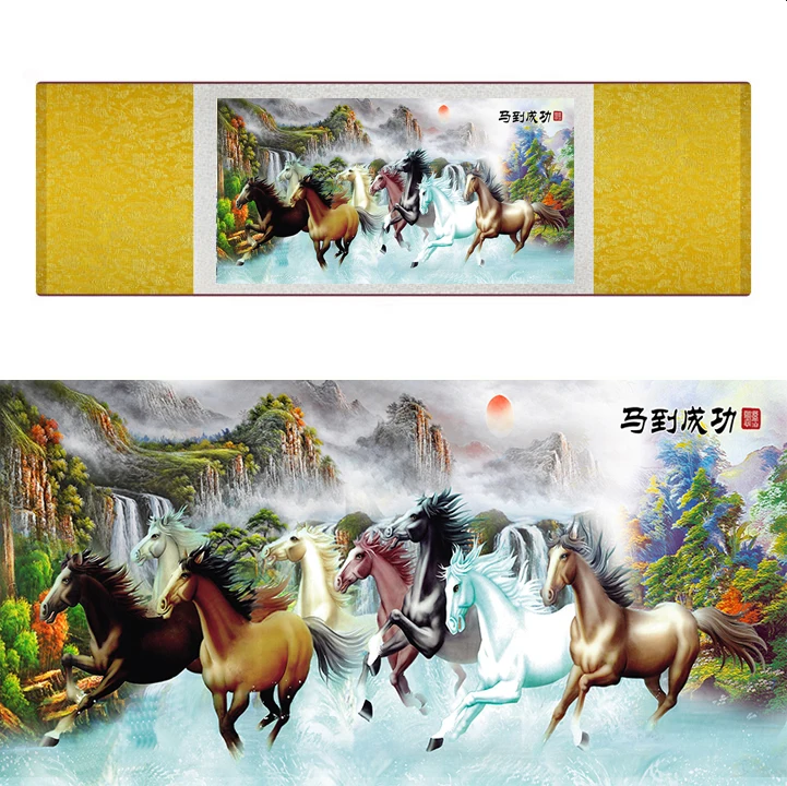 top quality Chinese Horse silk painting  Horse art painting Silk scroll art painting eight horse painting19062814