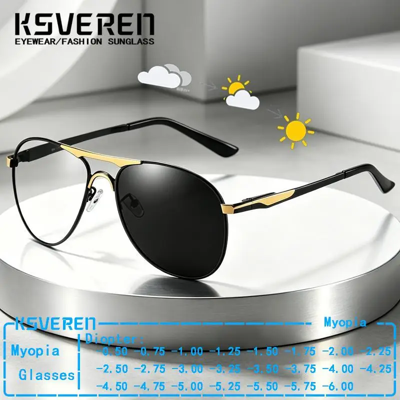 

-0.50 To -6.00 Pilot Metal Frame Photochromic Myopia Glasses Men Women Retro Prescription Eyewear Sun Discolor Driving Eyeglass