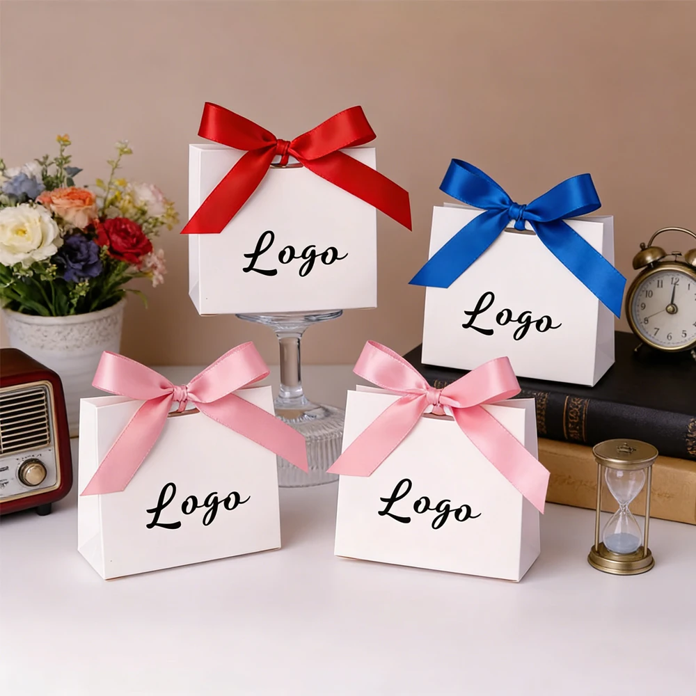 

Custom Logo 11.5x4.5x10cm Party Favor Cute Candy Paper Gift Boxes Mini Paper Gift Bag with Bow Ribbon for Wedding Small Business