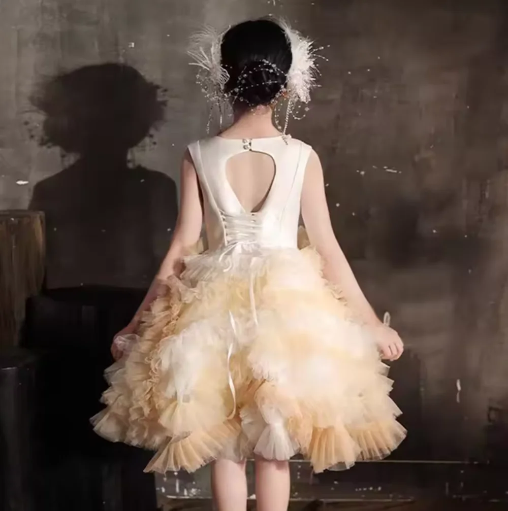 

Luxury Champagne Arabic Girl Dress Pearls Dubai Kids Princess Birthday Wedding Party Children Holiday Gown 2025