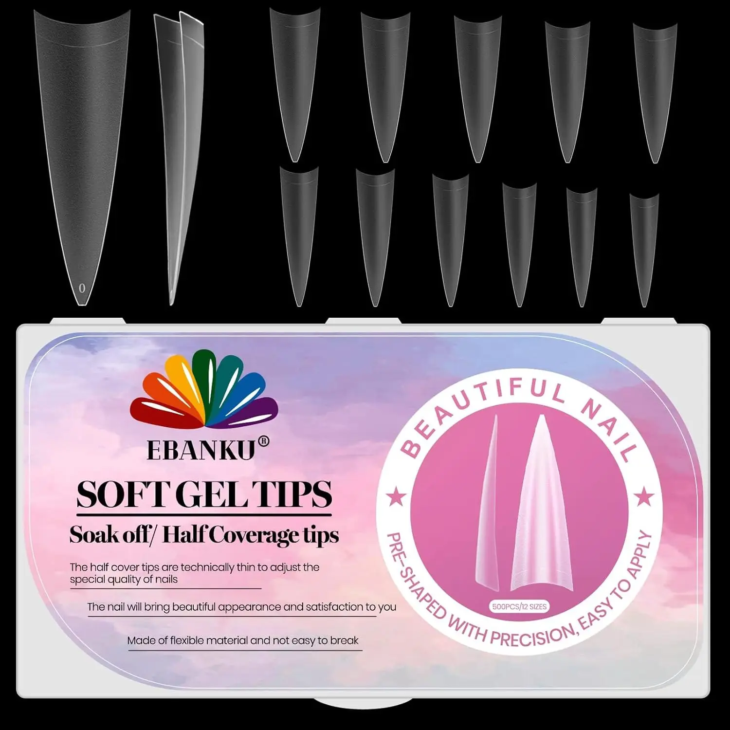 

Ebanku 500 Nail Tips, Half-Cover Nail Tip Matte Transparent Nail Gel Tip Kit Fake Nail Acrylic Nail Tip DIY Nail Art, 12 Sizes (a Type)