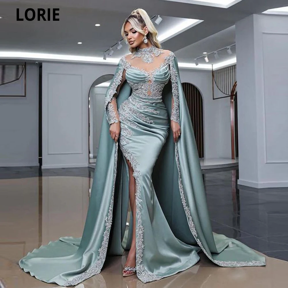 LORIE-Luxo Sereia Cetim Vestidos De Noite, Apliques De Renda, Glitter De Fenda Alta, Mangas Compridas, 2022