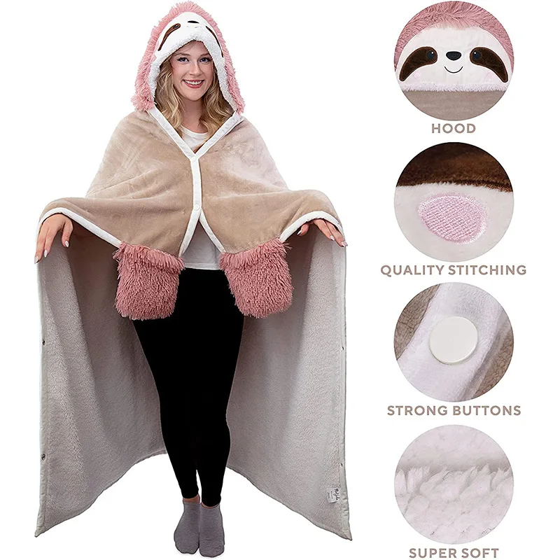 

Winter Hooded Blanket with Gloves Women Cartoon Cute Sleepwear Cashmere Blend Soft Tv Blanket Loungwear Casual Home Robes