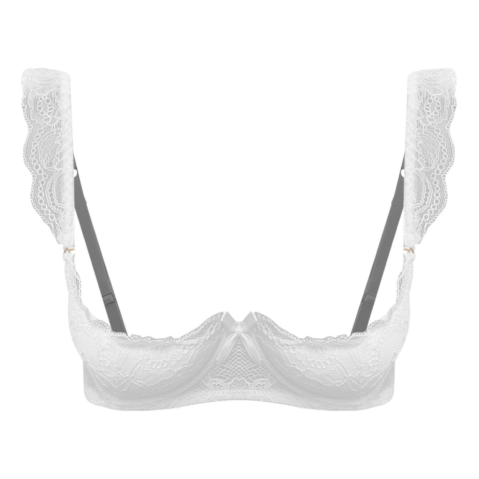 

Women Floral Lace Bra Tops 1/4 Cups 2cm Thick Pads Push-up Underwire Ruffled Trim Bra Lingerie Tempting Anniversary Honeymoon