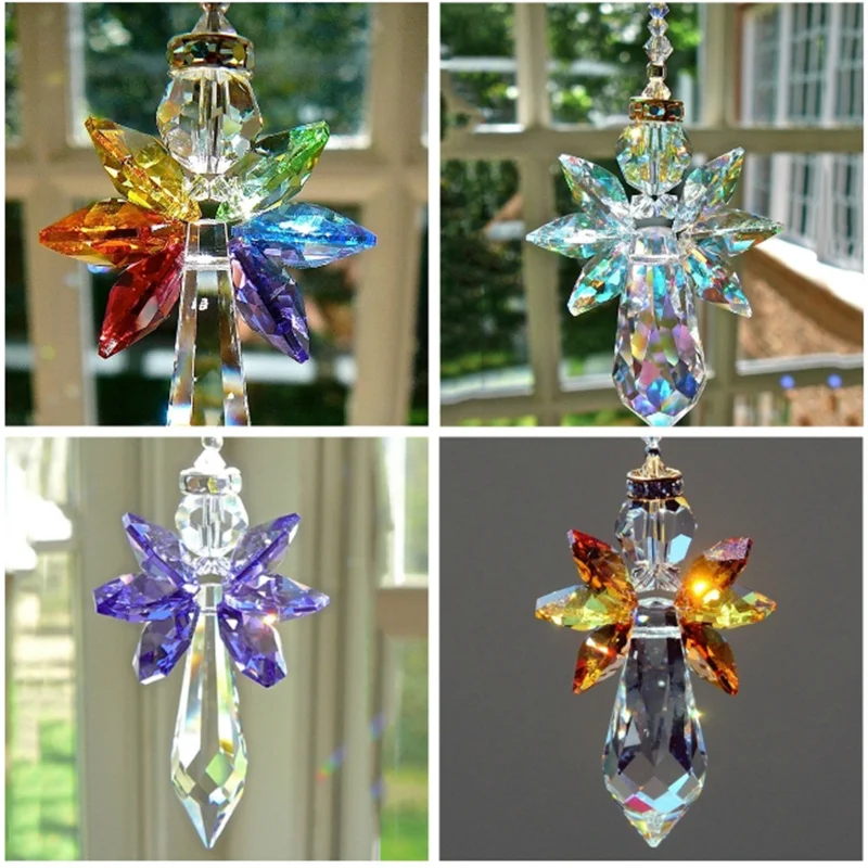 Modern Rainbow Crystal Ornaments Angel Chakra Suncatcher Car Charm Pendant Door Wall Window Wind Chimes Hanging Room Home Decor