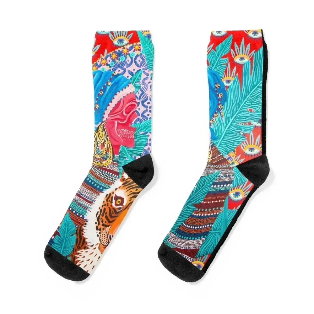 Two Skeletons Meet a Tiger in the Garden Socks moving stockings Crossfit fashionable Luxury Woman Socks Men's