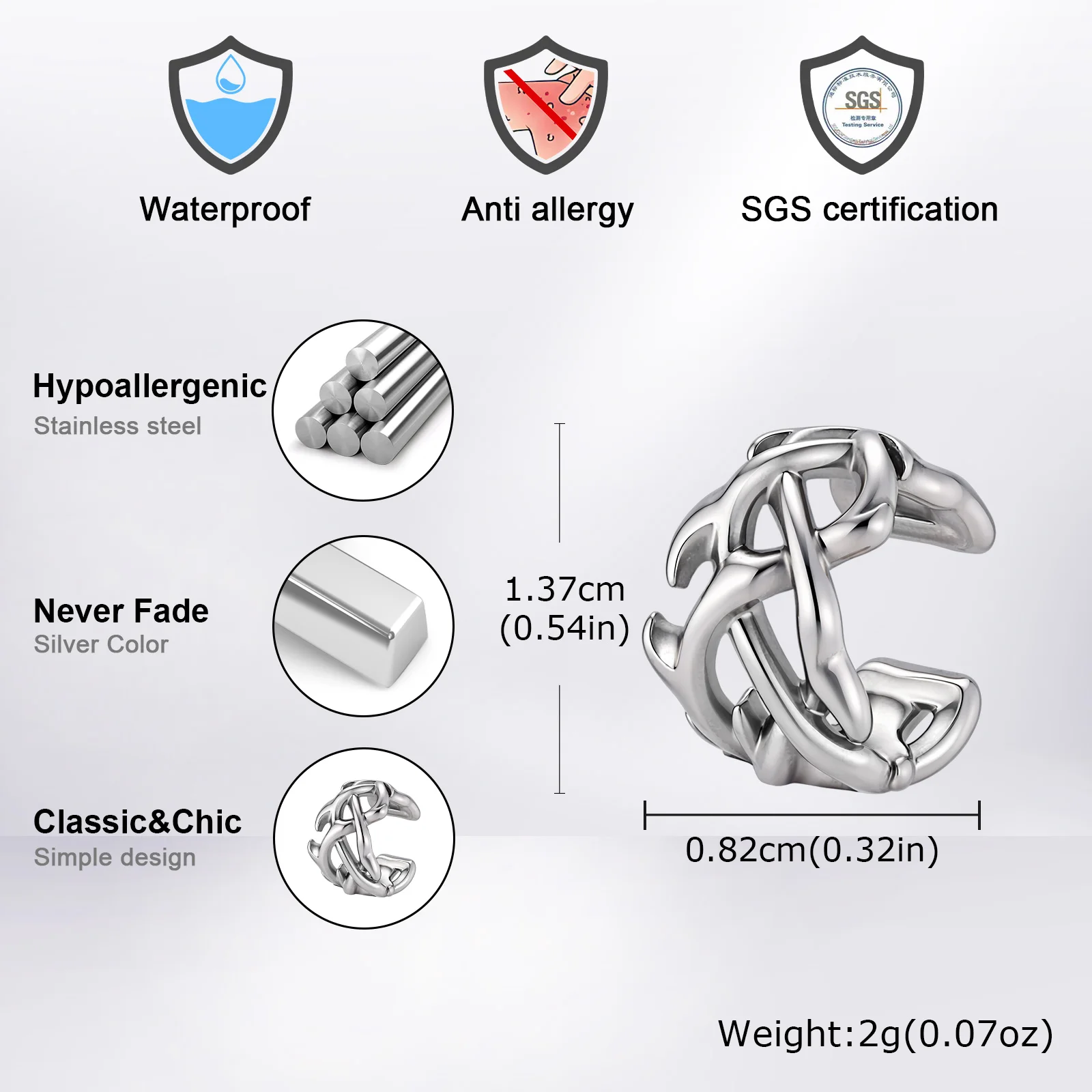 Vnox Stainless Steel Thorn Ear Cuff, Men’s Non-Pierced Earring, Viking & Gothic Ear Clip, Punk Hip Hop Jewelry for Streetwear view 4