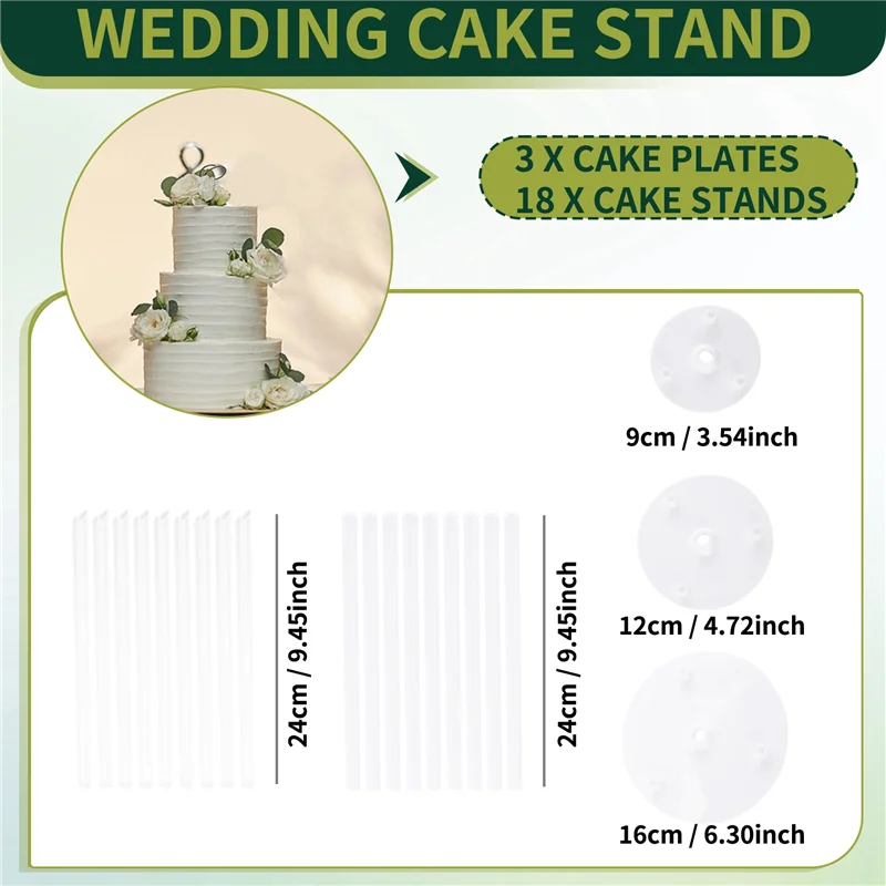 ELEG-ケーキサポート - ケーキスタンド18個パック、再利用可能なダボロッド、ケーキプレート3枚付きケーキサポート、多層ケーキ用