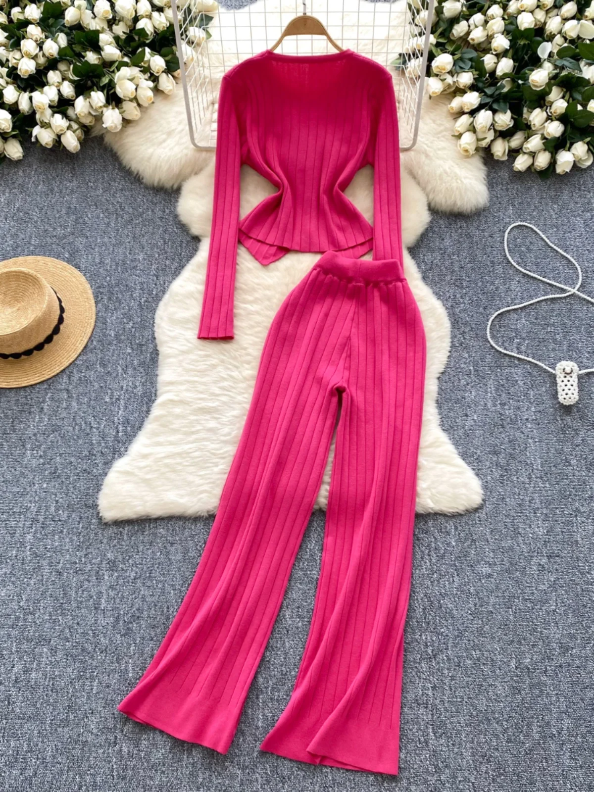 Elegant Women Long Pant Suit Gold Button O-Neck Slim Long Sleeve Knitwear+High Waist Wide Leg Pant 2 Pieces Set