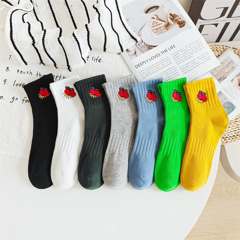 Solid Vertical Rib Crew Socks Unisex Boxing Embroidery Mid Calf Socks Cityboy Style Cotton Socks Match Dad Sneakers Canvas Shoes