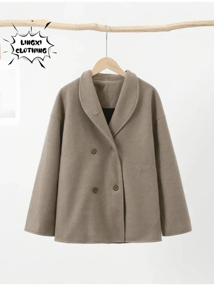 Elegant New Vintage Style Cashmere Coat Winter Double Breasted Street Style Warm Women's Jacket Lapel Loose Cardigan Coat