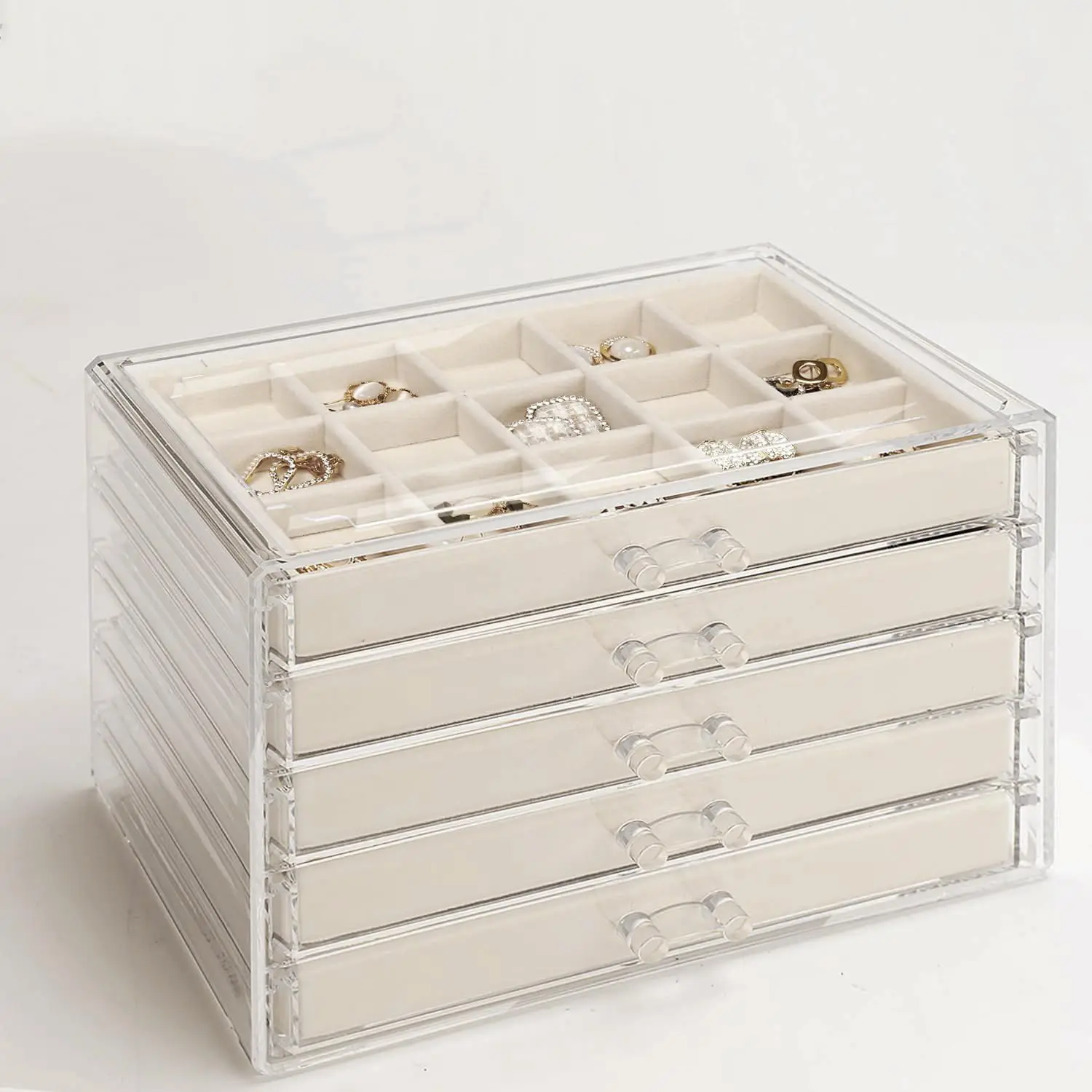 

GUOER 5 Drawers Clear Jewelry Box for Women and Girls, Acrylic Earring Holder Organizer Ring Holder Display Storage, Warm White