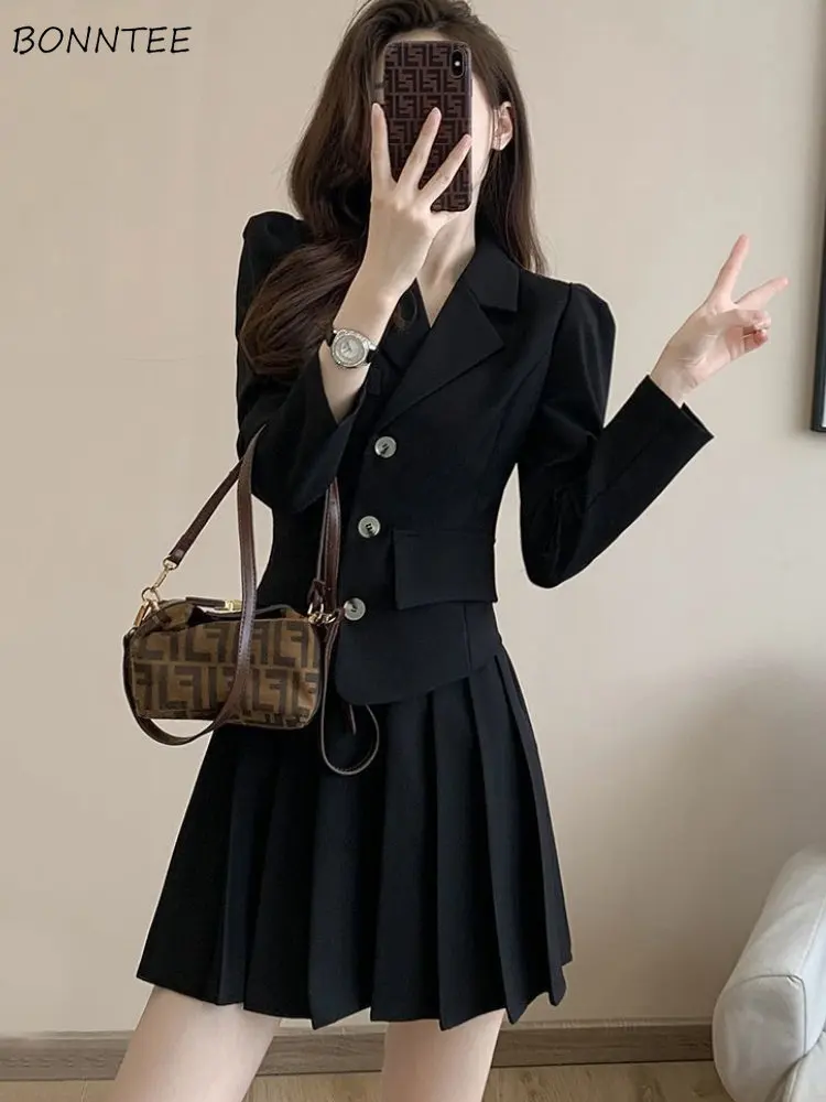 

2pcs Sets Women Long-sleeve Design Retro Blazers Mini Pleated Skirts Office Lady Chic Minimalist Slim Elegant British Outfits