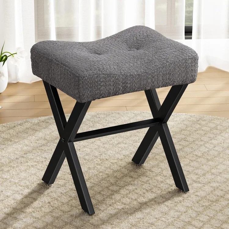 Vanity Stool, 18 Inch Saddle Seat Makeup Stool with Metal X Legs, Breathable and Soft Boucle Fabric Footrest, Ottoman Foot Rest