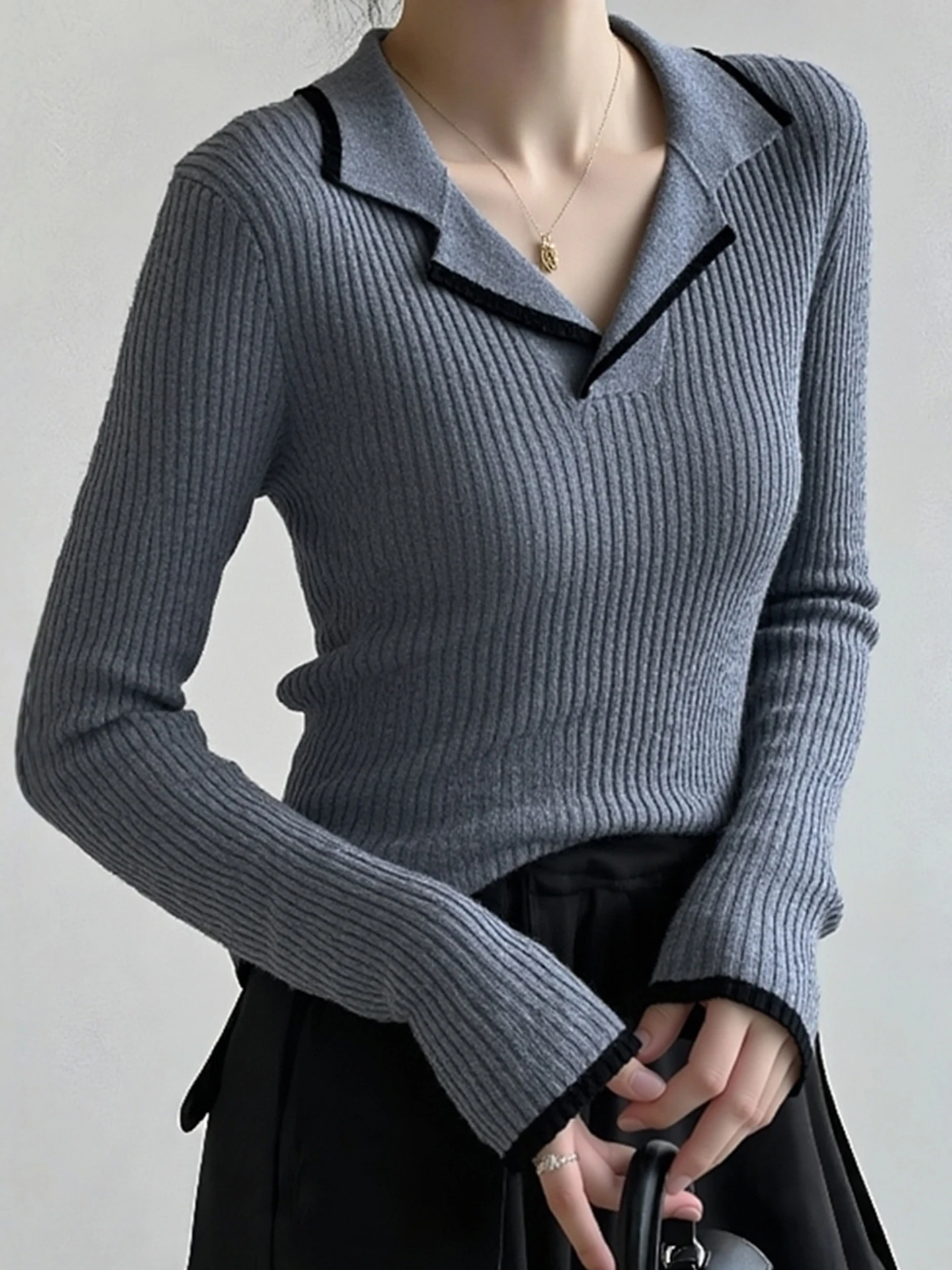 

Облегающий трикотаж с длинным светом и отложным воротником Thiened Base irt Maturi Sle Winter Faion, женский свитер Camere