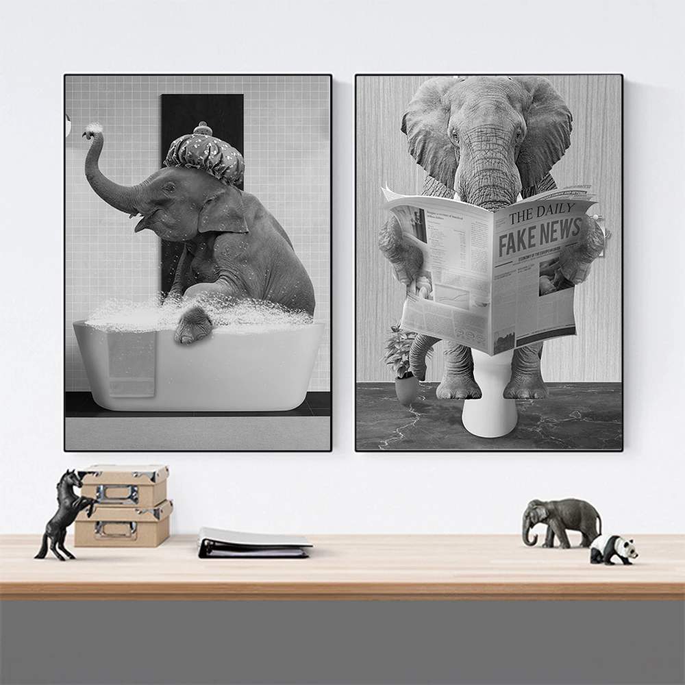 

Elephant in Bathtub Poster Humor Funny Bathroom Print Elephant Photo Black And White Wall Pictures Whimsy Animal Kids Room Decor