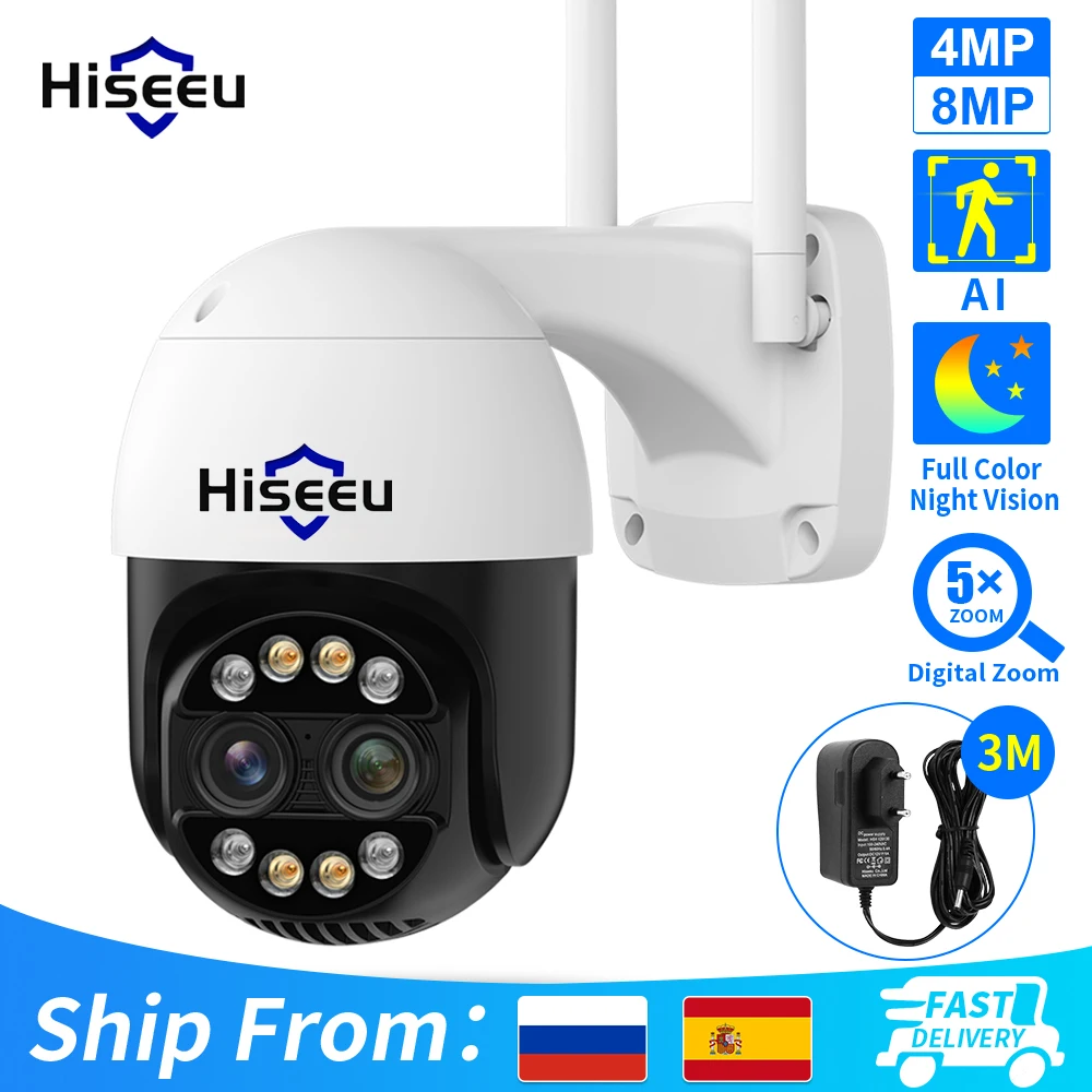 Hiseeu 4K 8MP Dual Lens PTZ Wifi IP Camera 8X Zoom Outdoor HD Full Color Night Vision Human Detection Video Surveillance Cameras 