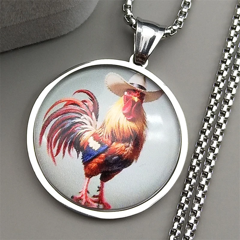 فاسق كاوبوي الديك الديك سلسلة للنساء الرجال الفولاذ المقاوم للصدأ الزجاج الحيوان الغربية مزرعة الذكور قلادة قلادة مجوهرات هدايا #2