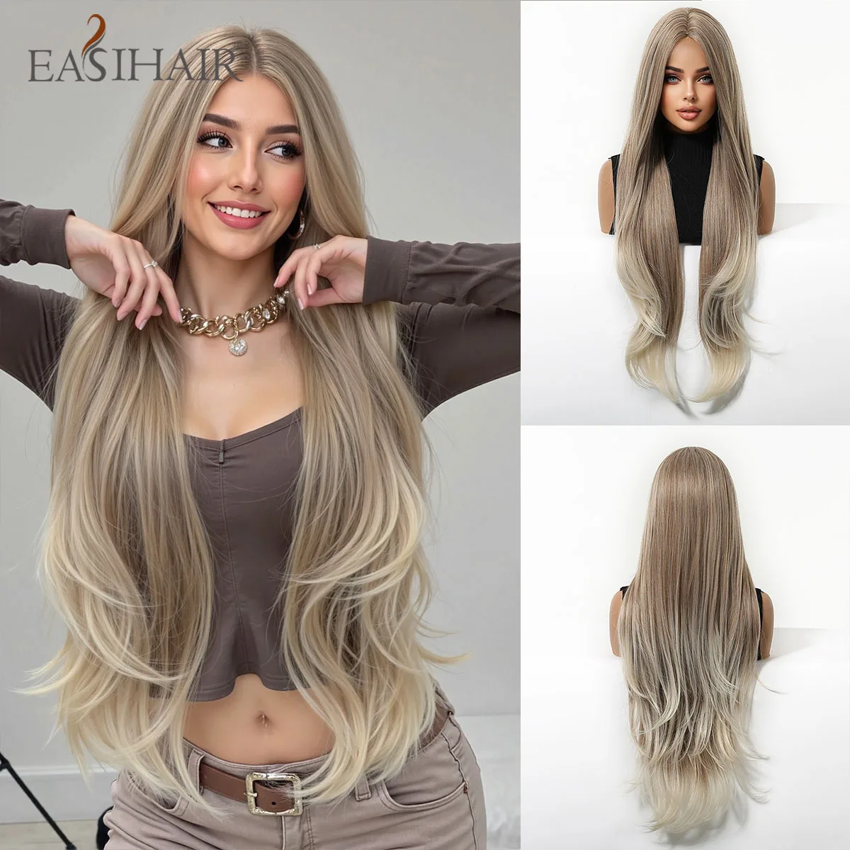 

EASIHAIR Long Wavy Synthetic Wigs for Women 32in Ombre Gray Brown Layered Wigs Middle Part Natural Hair Daily Use Heat Resistant