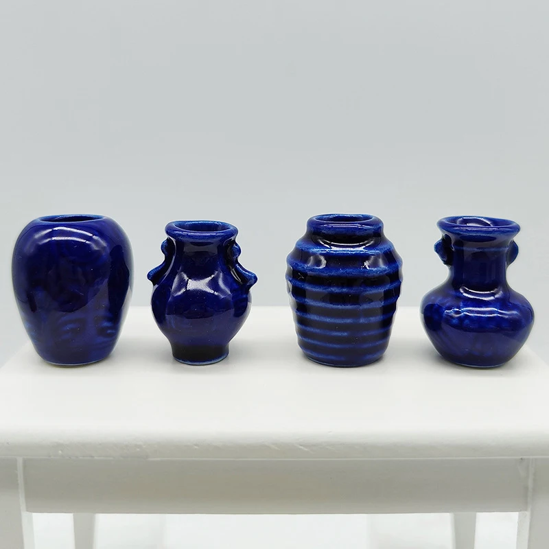 4Pcs 1/12 Dollhouse Mini Jars Ceramic Blue Vase Model Doll Home Scene Ornament Toy Micro Landscape Decoration Prop Akcesoria