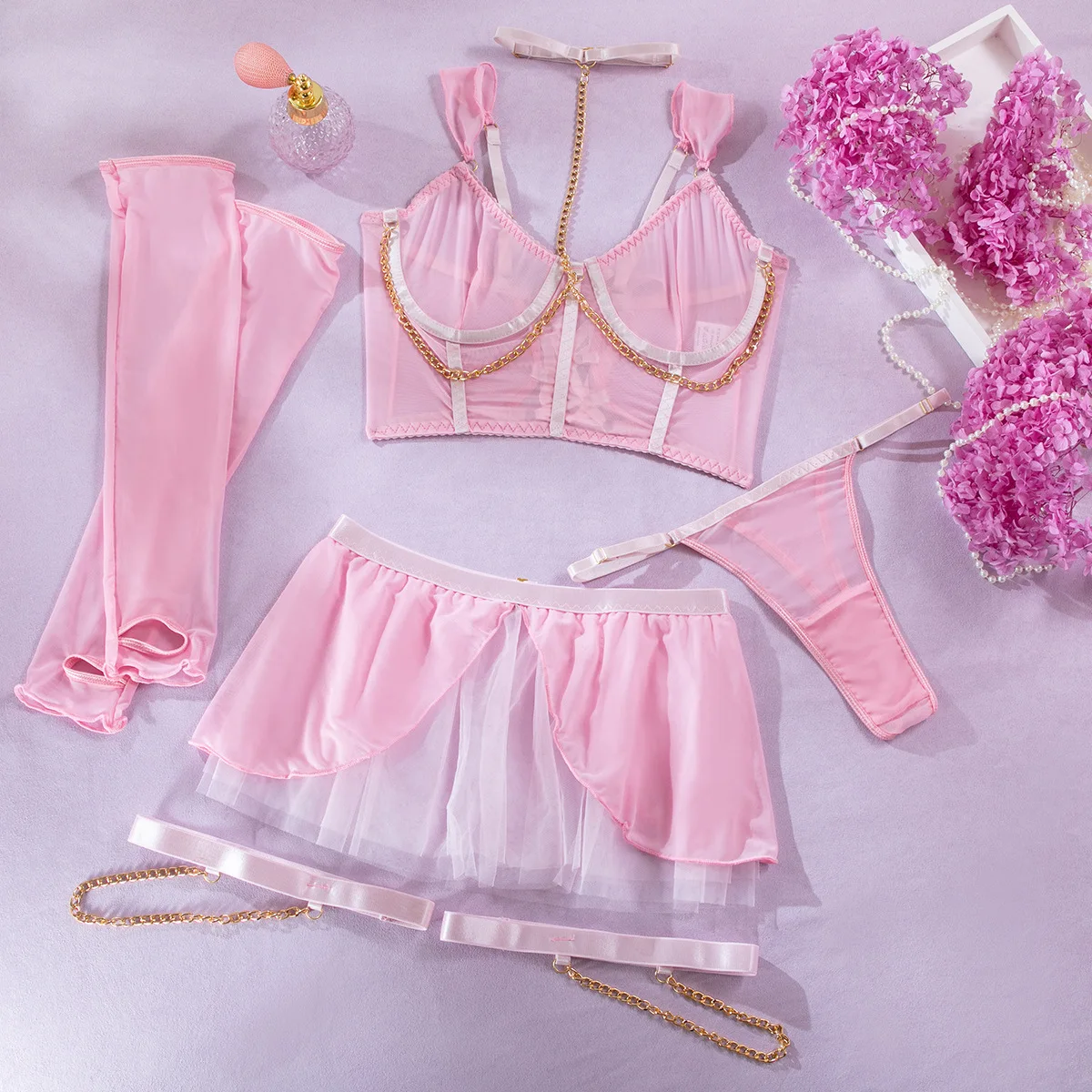 Sexy Erotic Lingerie Lace Babydoll Cute Perspective Gauze Skirt With Chain Halter Belt 4 Piece Sexy Bra and Panty Sets Sleepwear