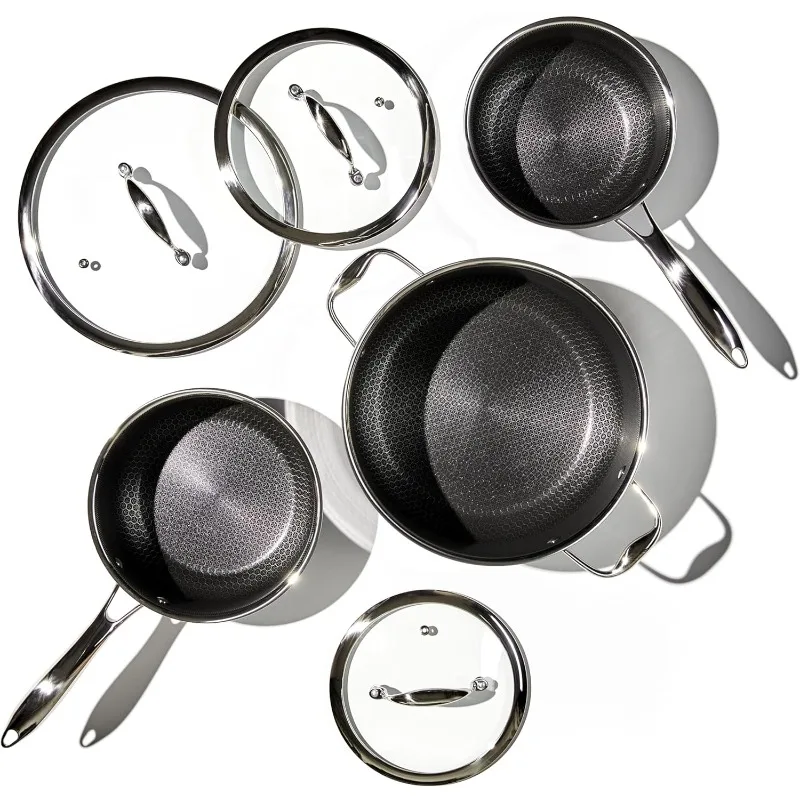 HexClad Hybrid Nonstick 6-Piece Pot Set with Trivets, 2, 3,and 8-Quart Pots with Tempered Glass Lids,2 Silicone Trivets Included