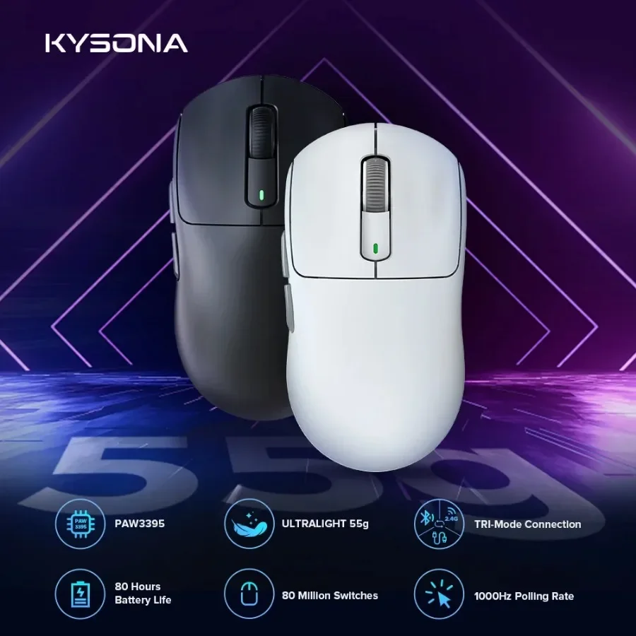 Imagem -02 - Kysona Lightpeso Tri-mode Wireless Gaming Mouse Mouse Óptico Ergonômico Recarregável Esports Gamer Escritório Ambidestro Paw3395 55g