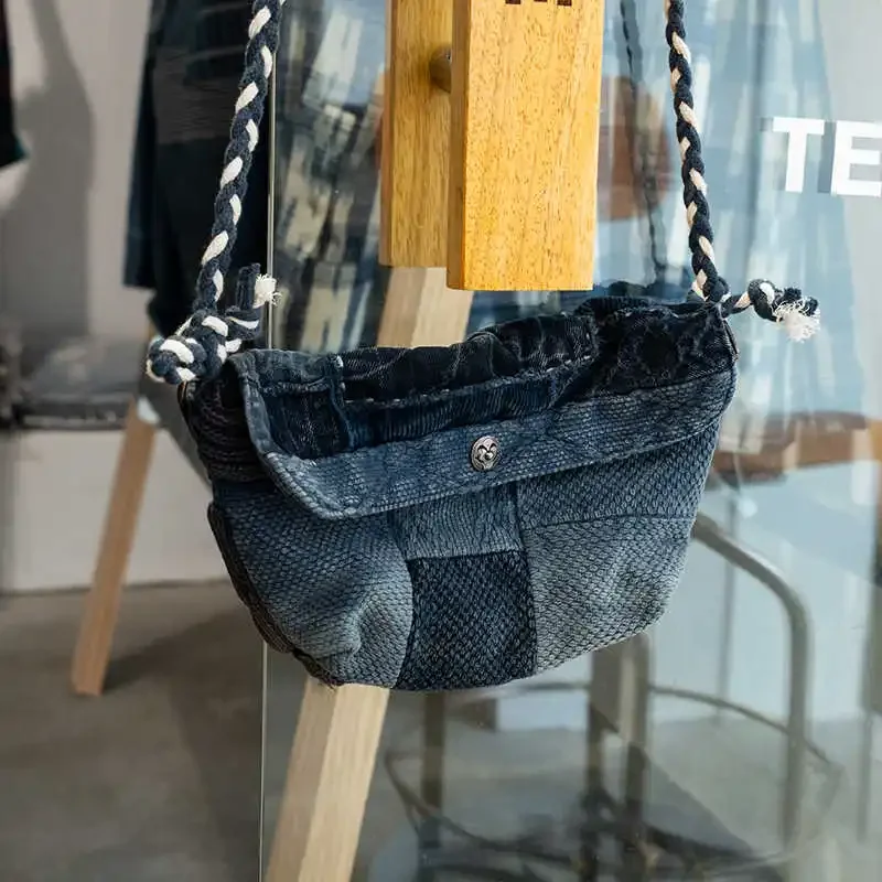 New Retro Indigo Washed Sword Path Fabric Yarn Multi Material Splicing Small Shoulder Crossbody Bag Casual Japanese Bag