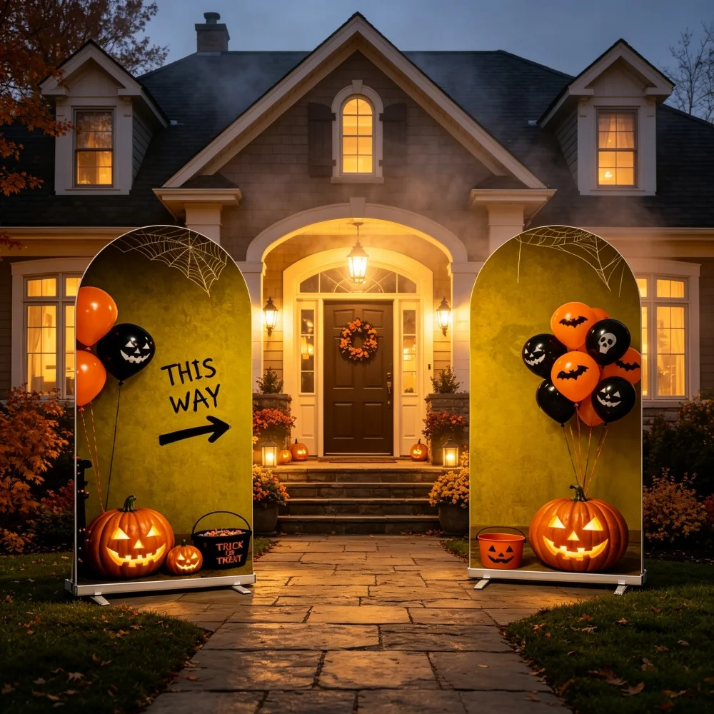 Halloween House Entrance Arch Backdrop Cover Vintage Pumpkin Lantern Spider Web Trick Or Treat Halloween Decoration Arch Covers