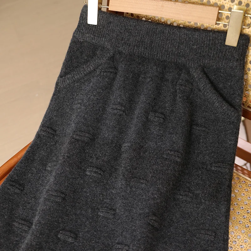 

Women Wool Mini Skirt 100% Merino Wool Knitted Autumn Winter Equal Sign Pattern Elastic Waist Pockets Above Knee Short Dress